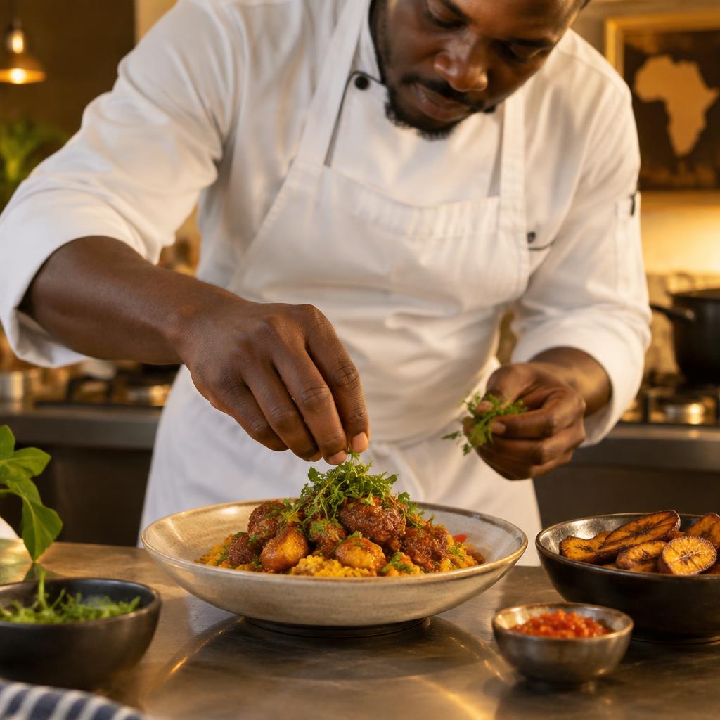 Chef garnishing a plated African dish