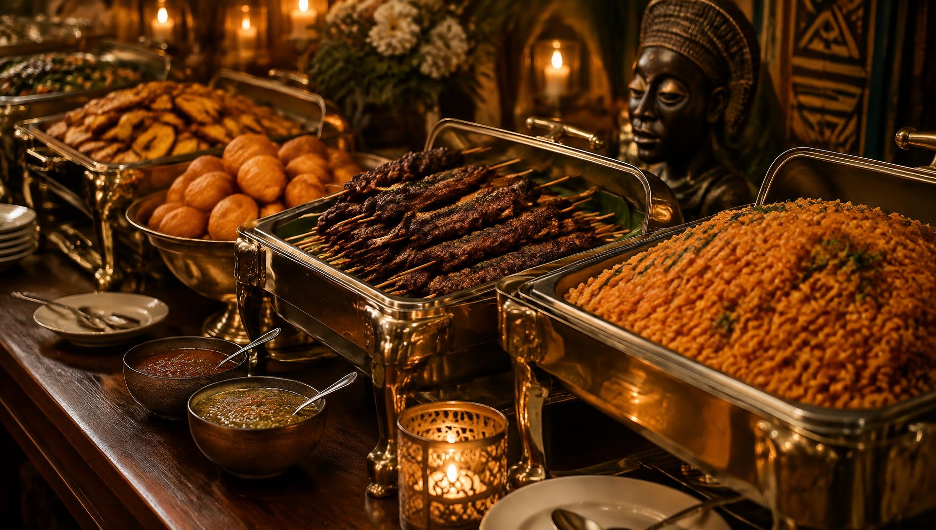 African buffet spread with jollof rice, suya skewers and puff puff